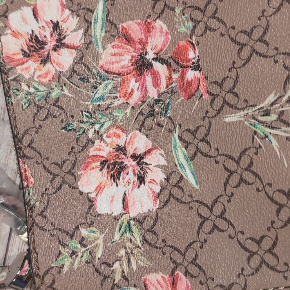 Nine West Coated Canvas Ligh Brown With Pink Floral Pattern Crossbody Bag - Picture 3 of 16